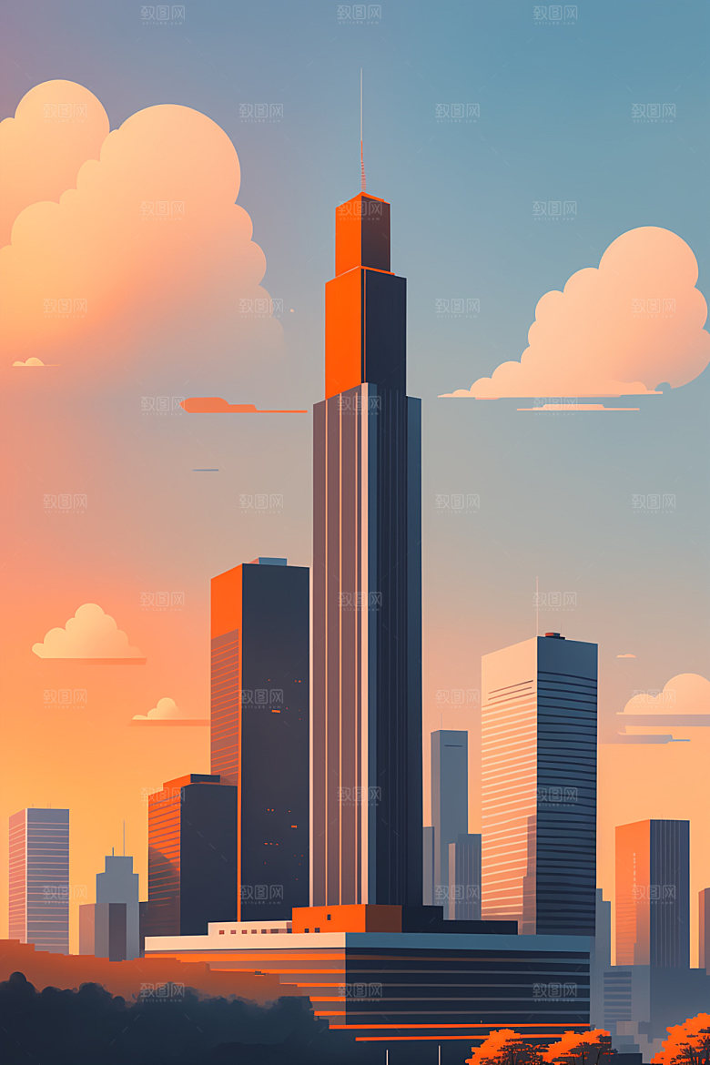 城市美式楼房插画