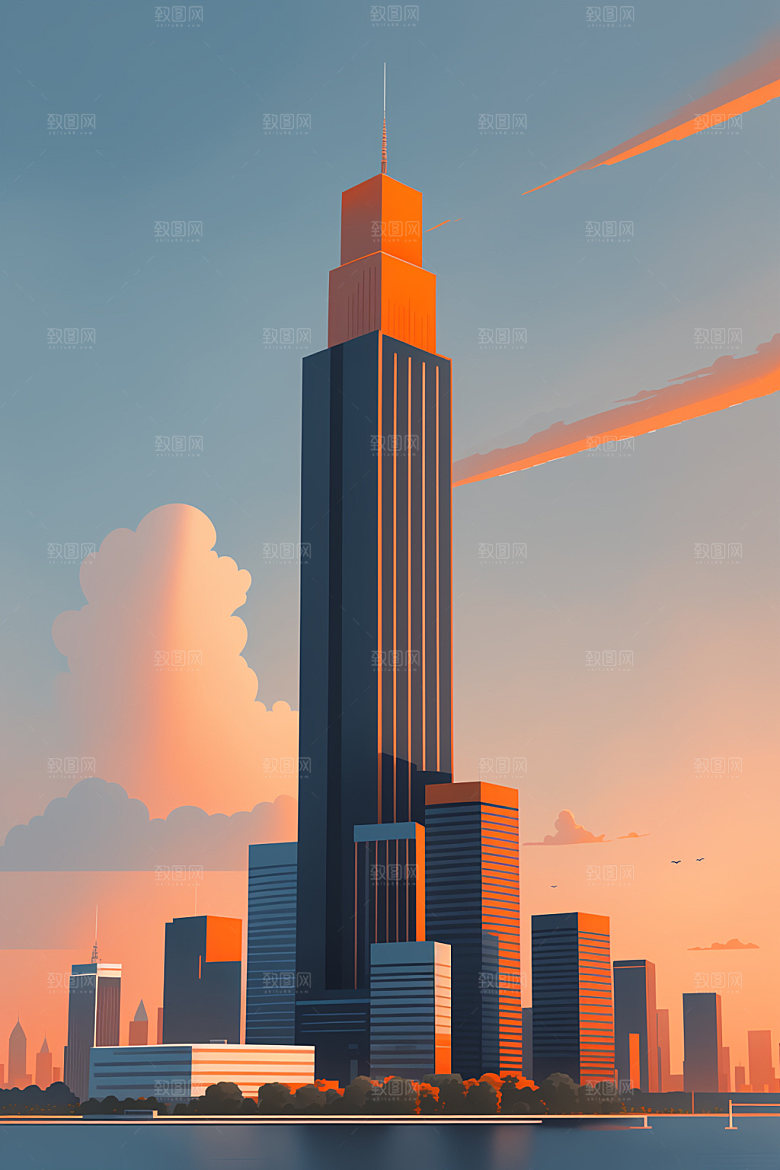 城市大厦美式插画