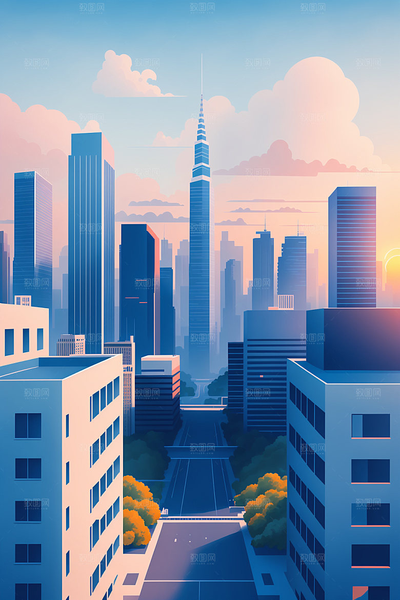 城市扁平风美式插画