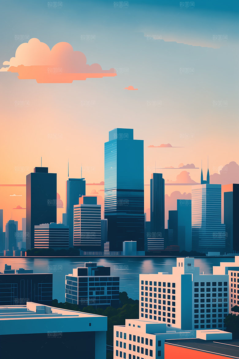 城市美式大厦插画