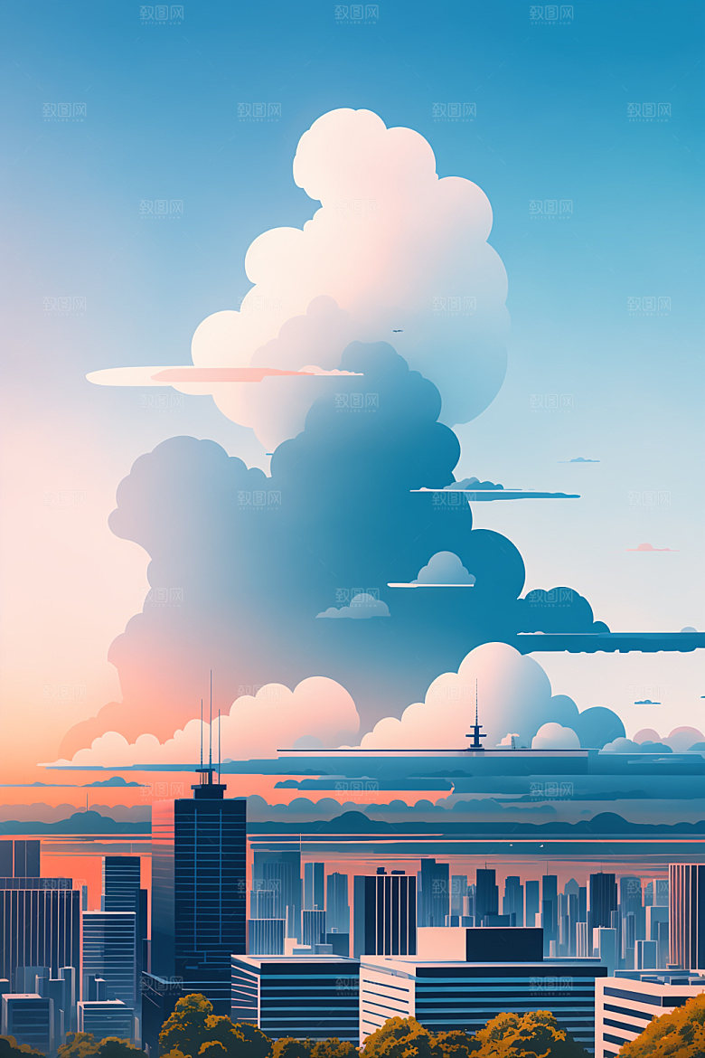 城市美式摩天大楼插画