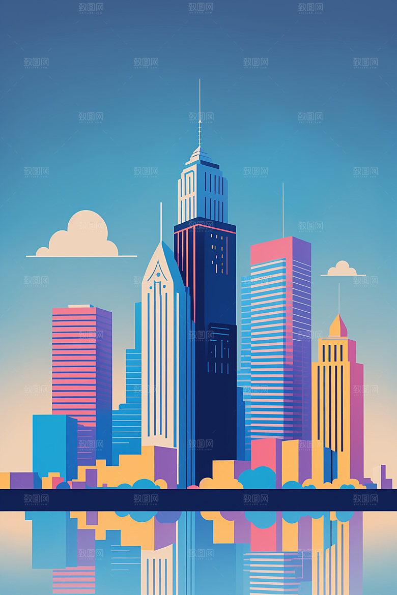 城市地标美式插画