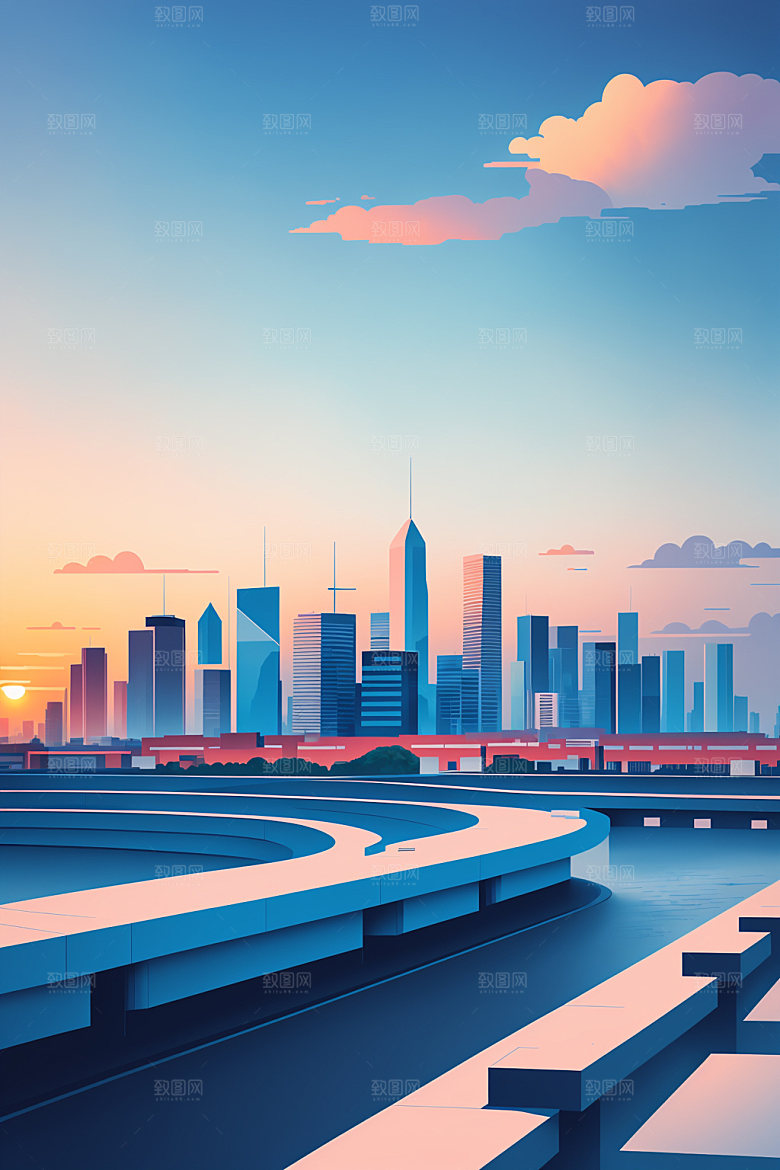 城市美式摩天大楼插画