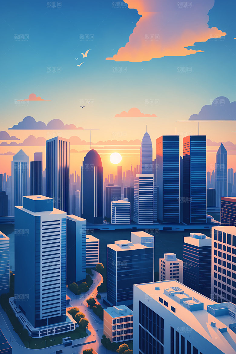 城市楼房美式插画