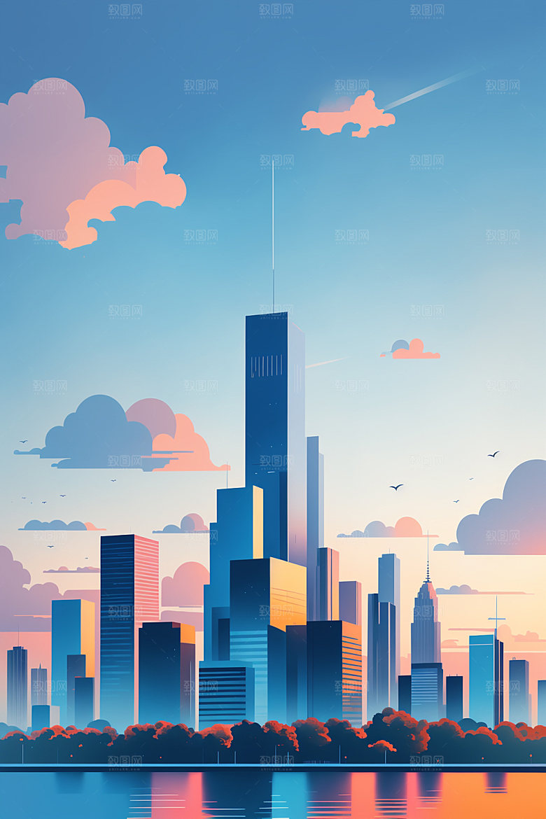 城市地标美式插画