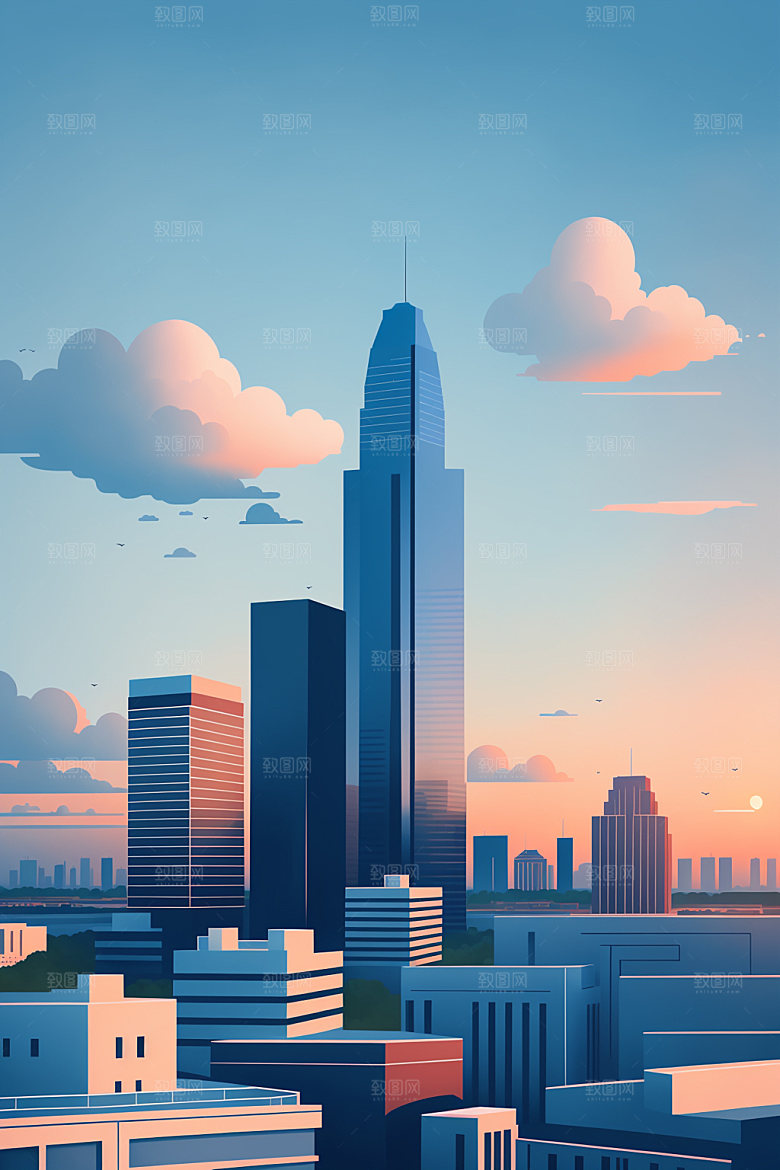 城市扁平风大厦插画