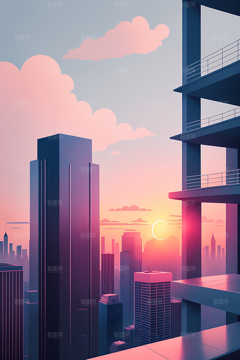 城市楼房美式插画