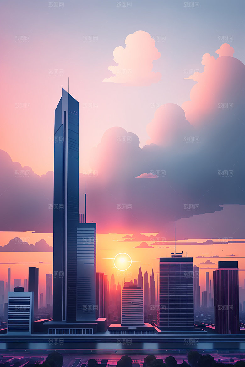 城市地标楼房插画