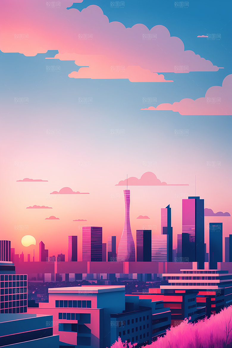 城市扁平风大厦插画
