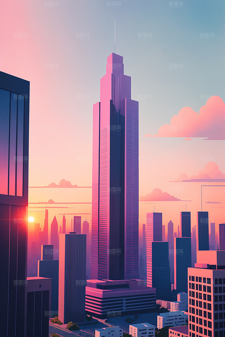 城市摩天大楼扁平风插画