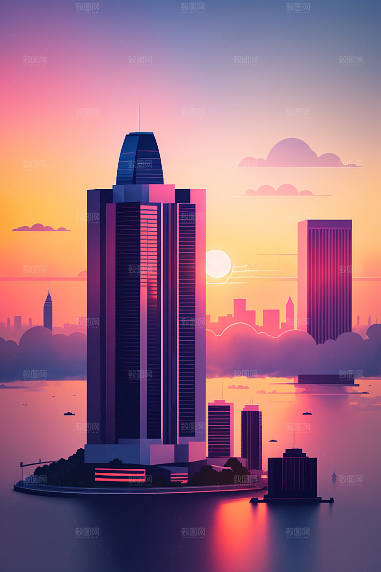 城市摩天大楼扁平风插画
