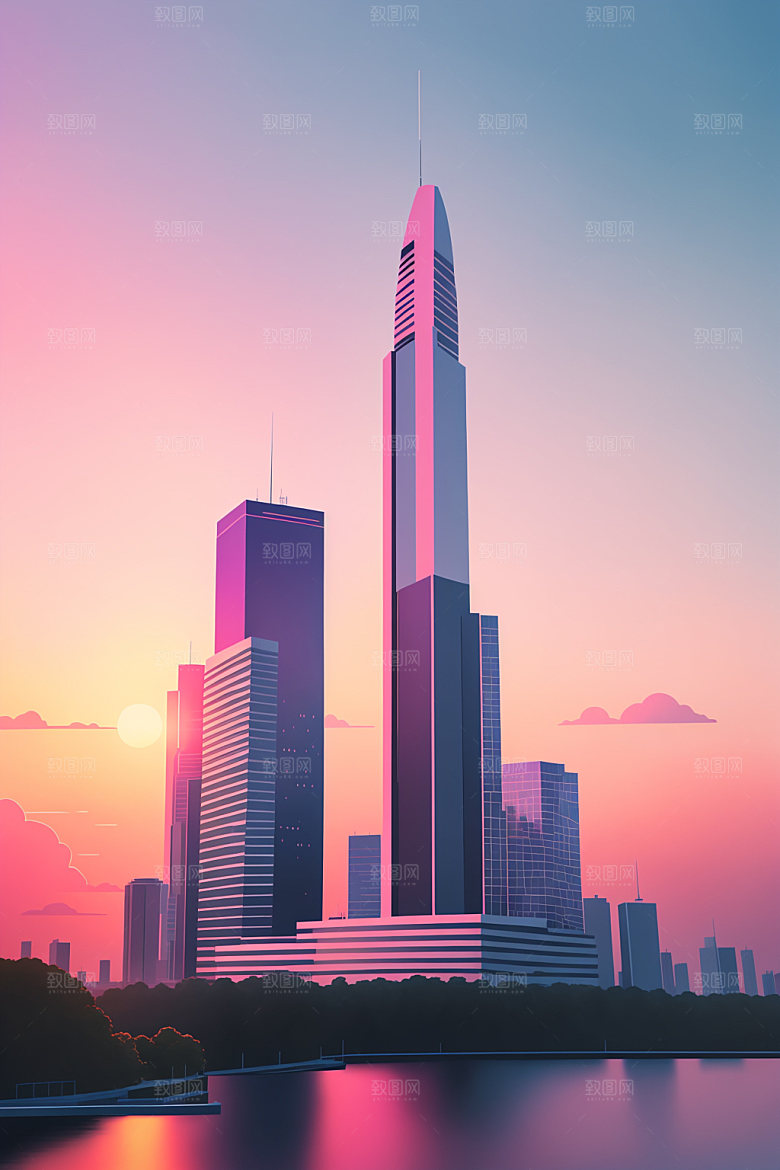 城市摩天大楼地标插画
