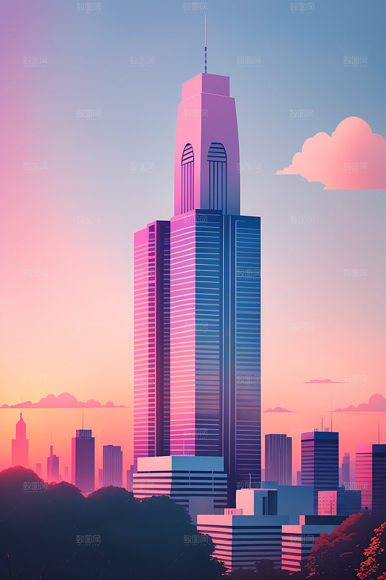 城市扁平风美式插画