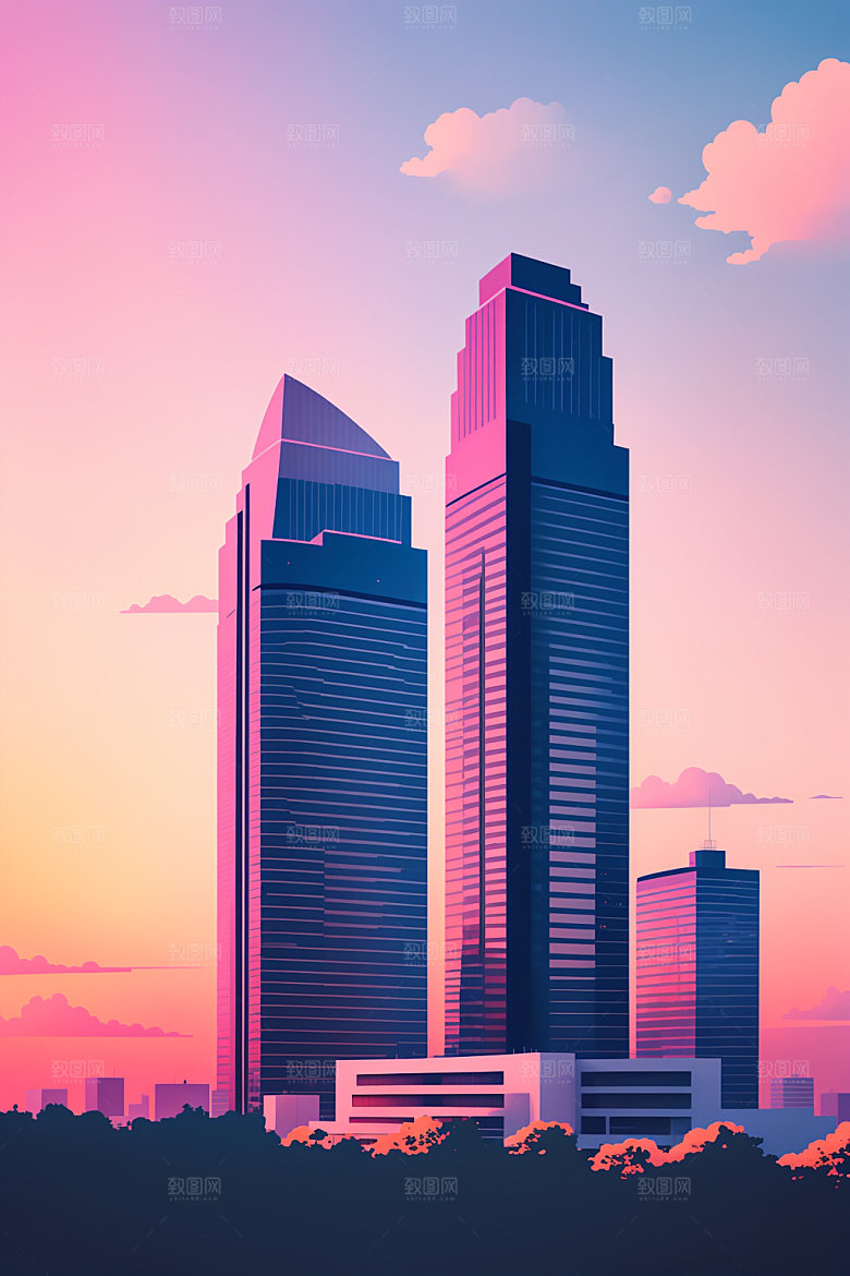 城市摩天大楼美式插画