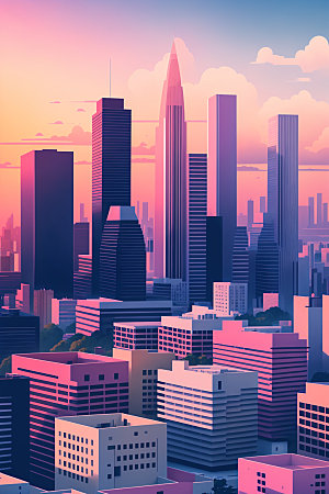 城市大厦美式插画