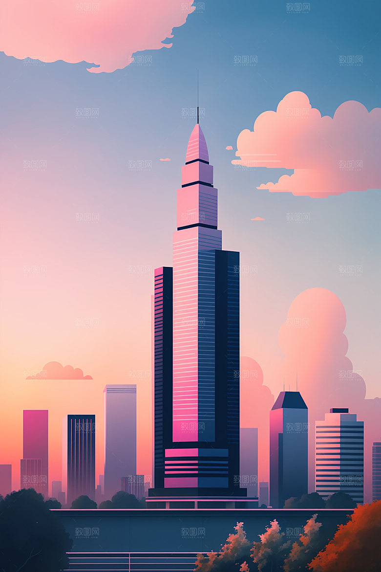 城市地标楼房插画