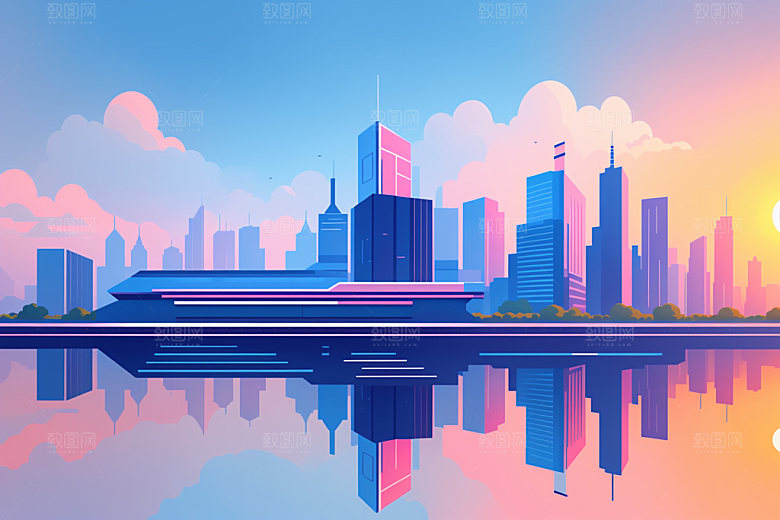 城市摩天大楼地标插画