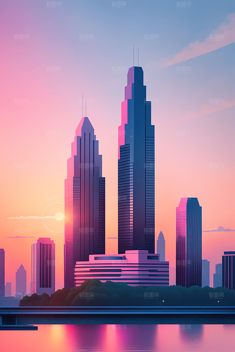 城市楼房美式插画