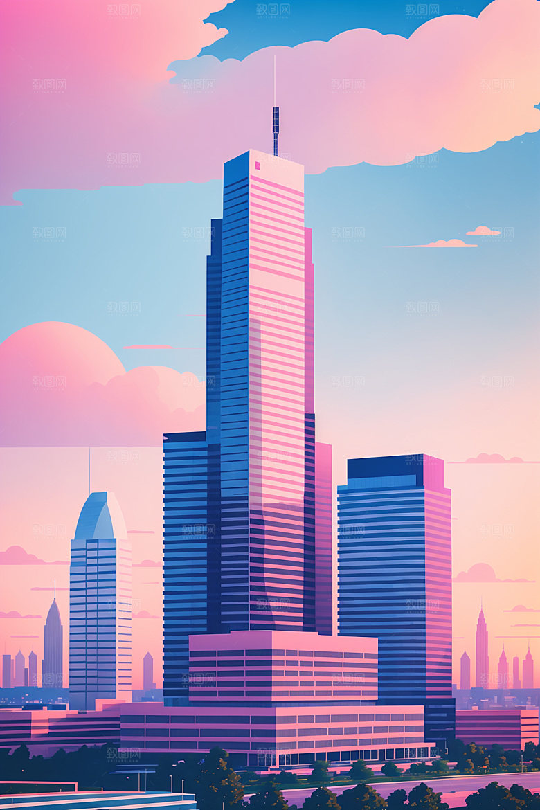 城市扁平风地标插画