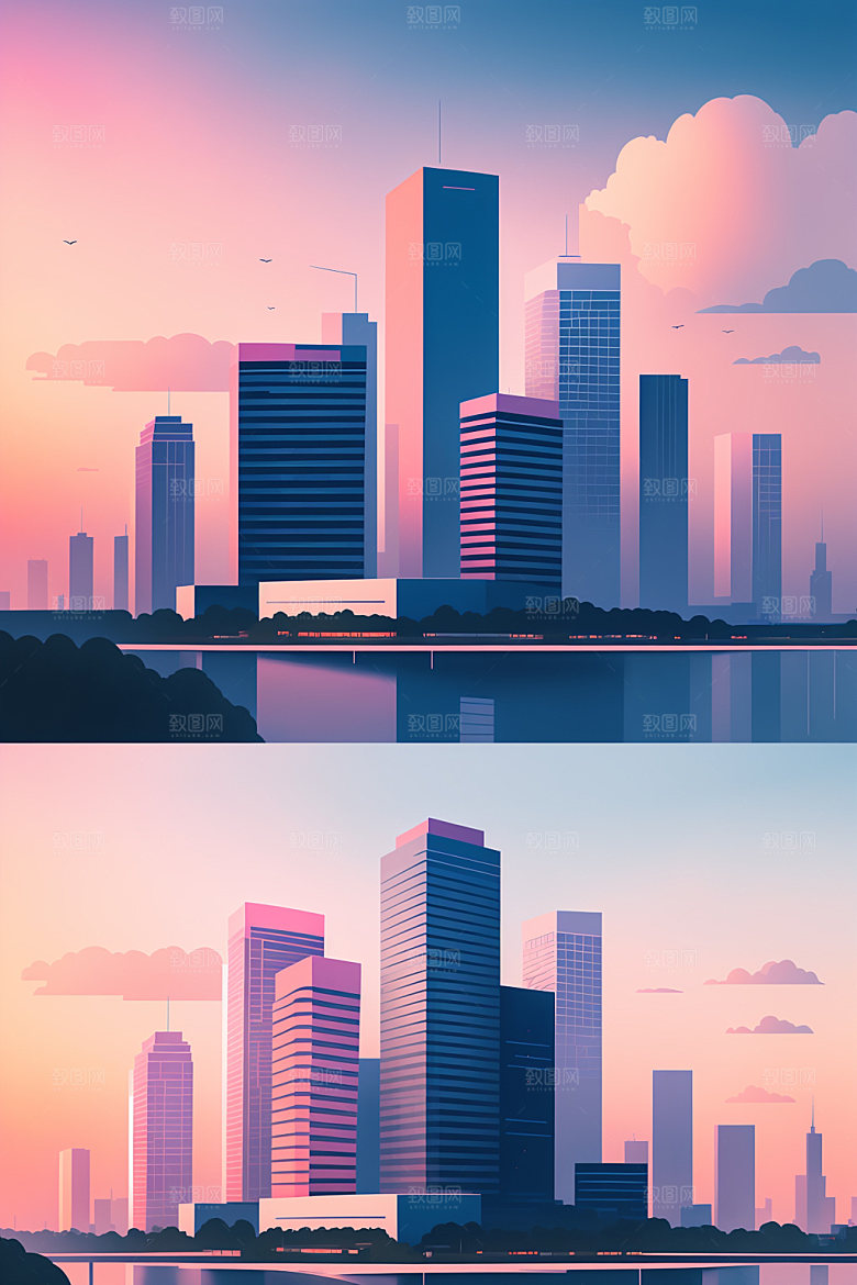 城市地标美式插画