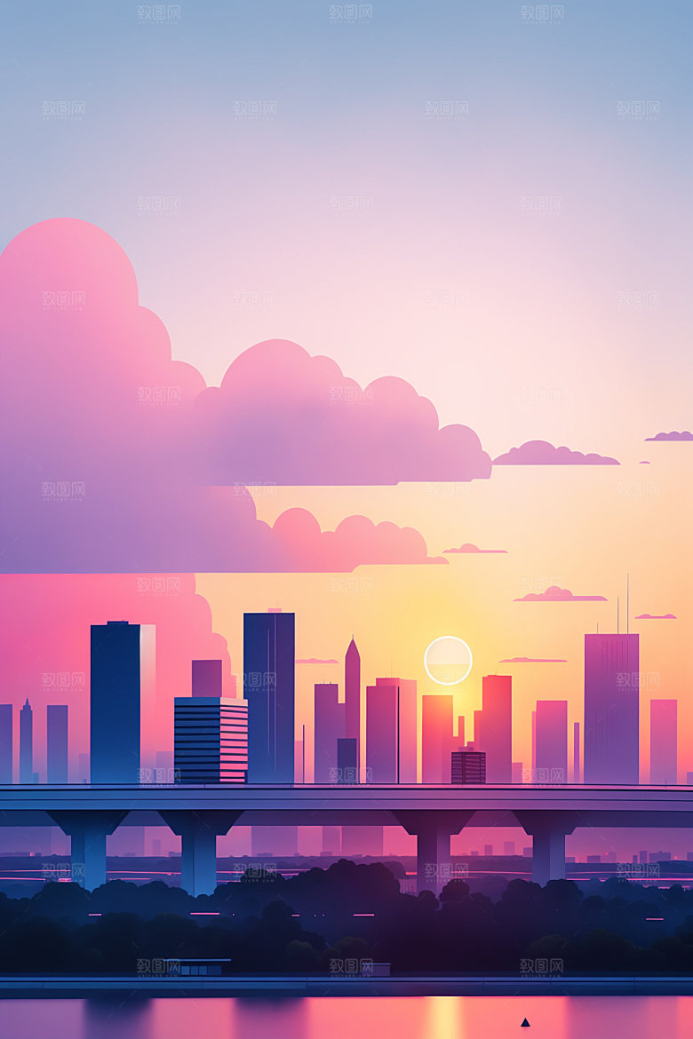 城市扁平风大厦插画