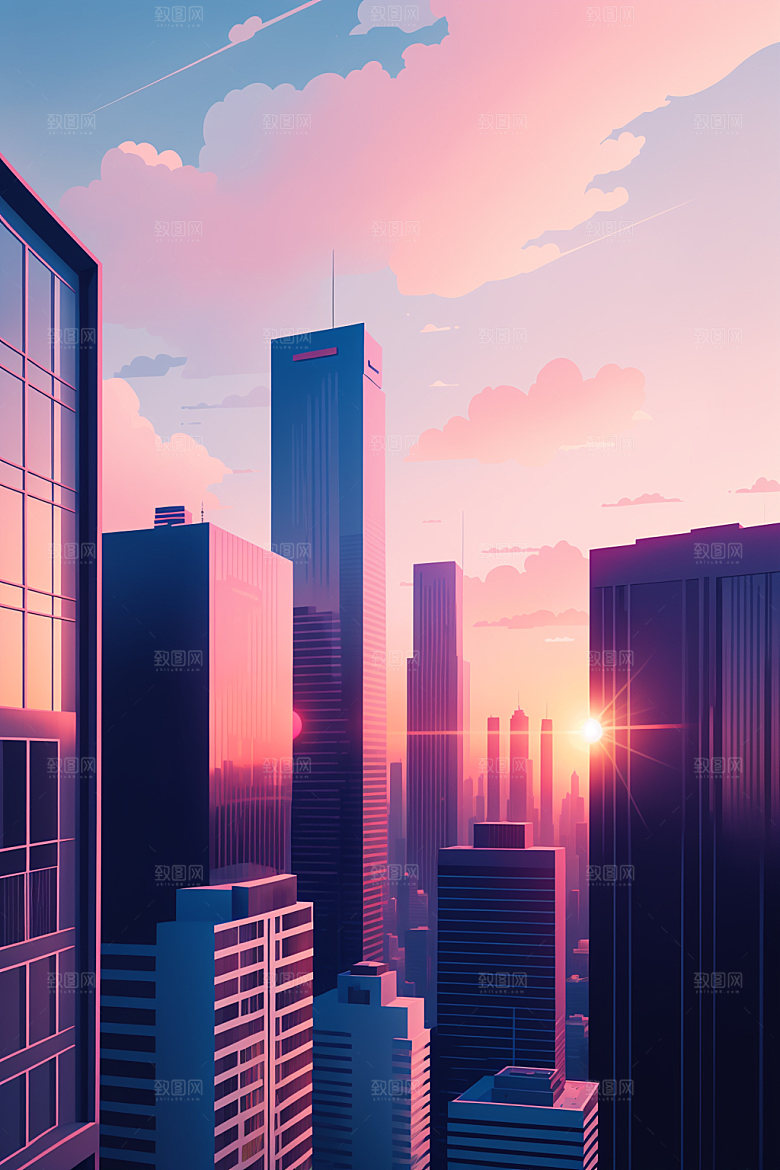 城市扁平风摩天大楼插画