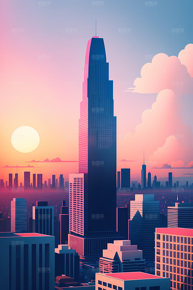 城市美式摩天大楼插画