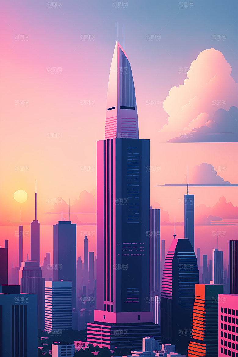 城市美式楼房插画