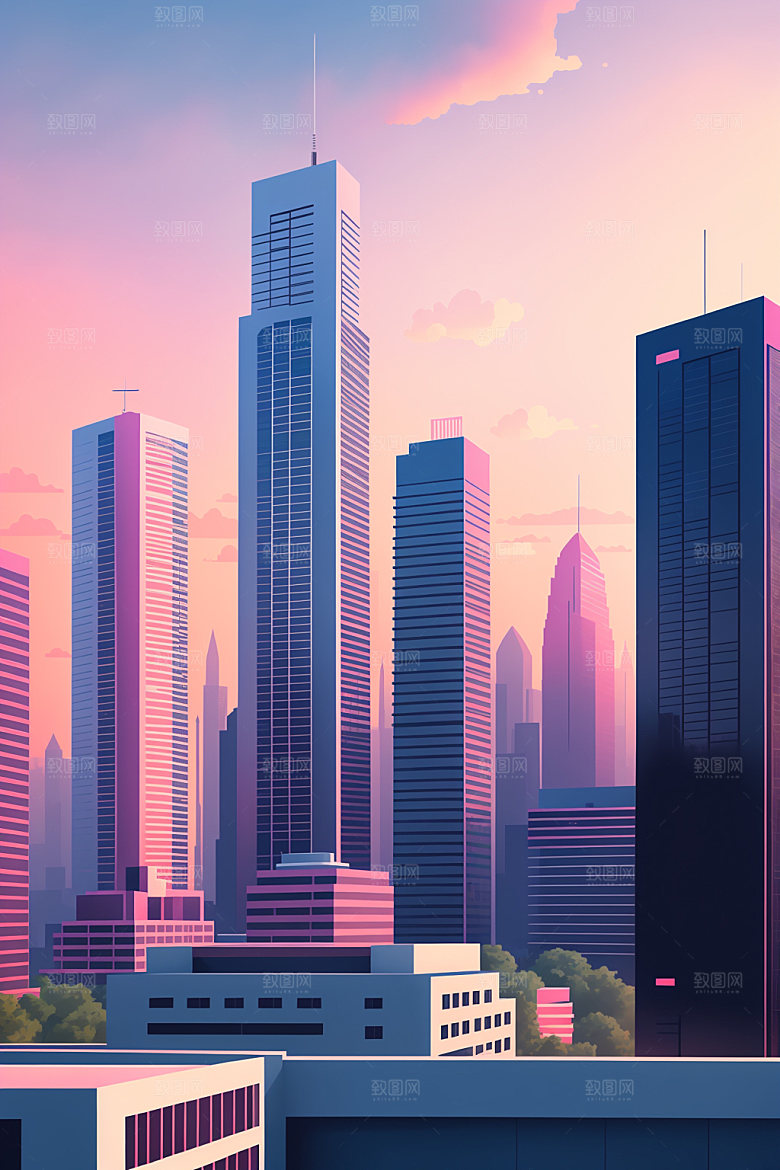 城市摩天大楼美式插画