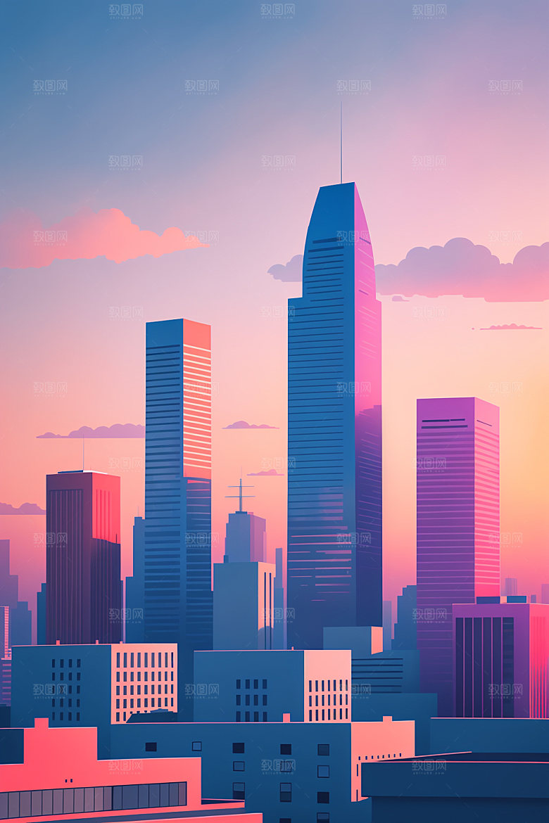 城市美式摩天大楼插画