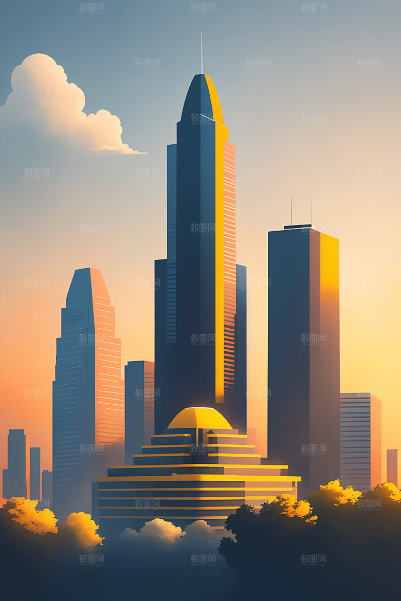 城市摩天大楼扁平风插画
