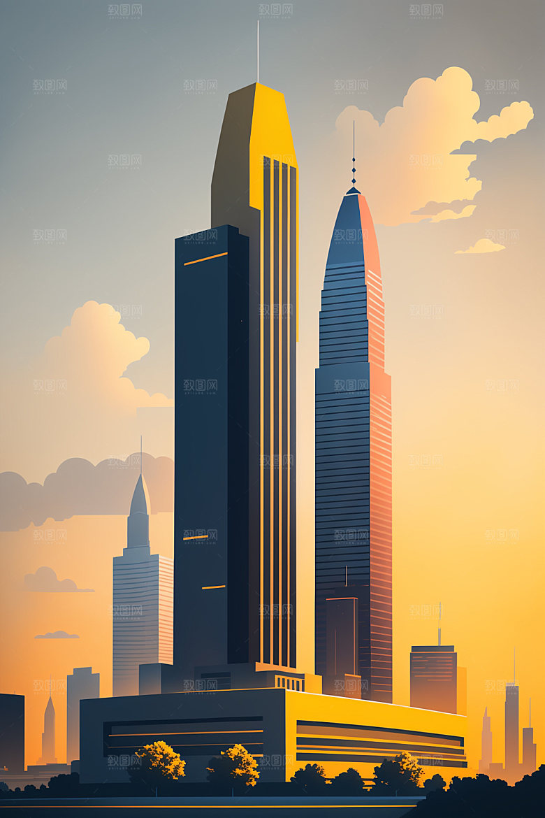 城市扁平风美式插画