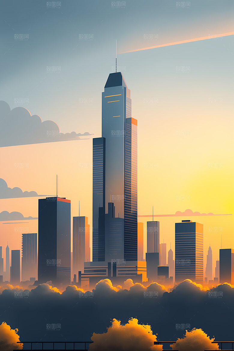 城市地标美式插画