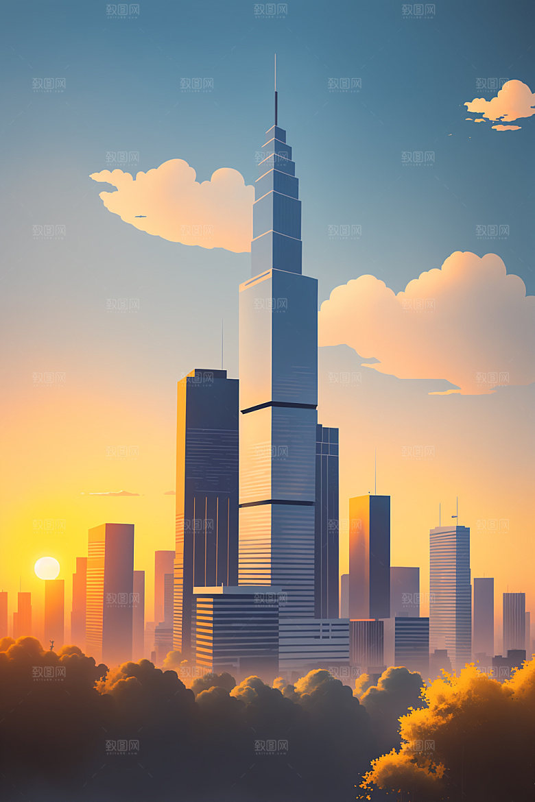 城市地标美式插画