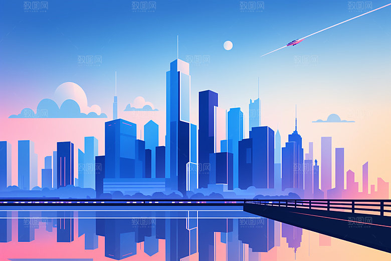 城市大厦美式插画