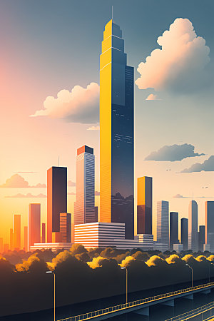 城市美式大厦插画