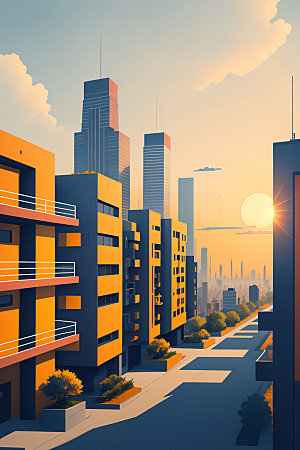 城市美式大厦插画