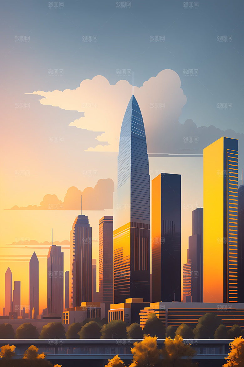 城市楼房美式插画