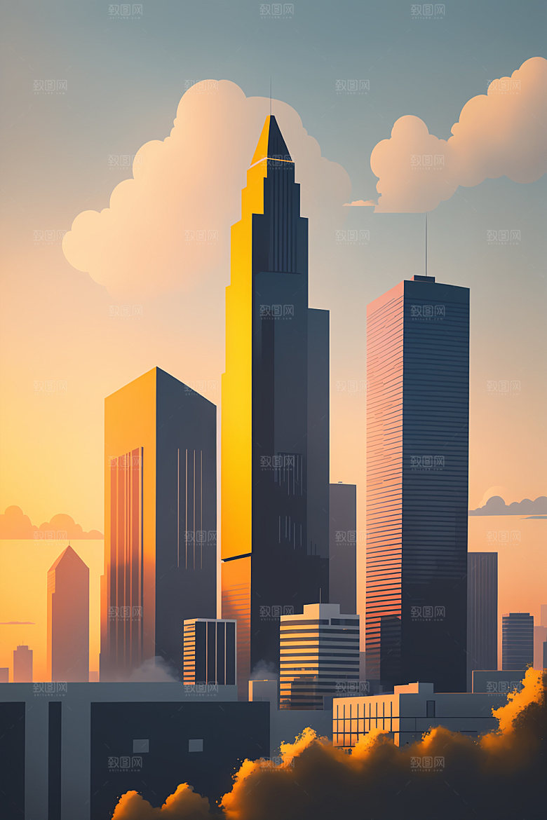 城市摩天大楼美式插画