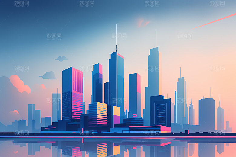 城市大厦美式插画