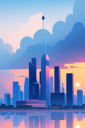 城市大厦美式插画