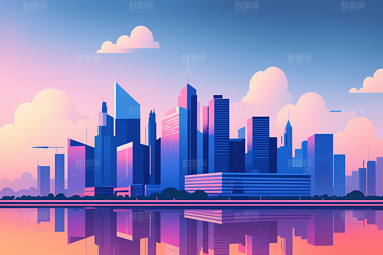 城市楼房美式插画