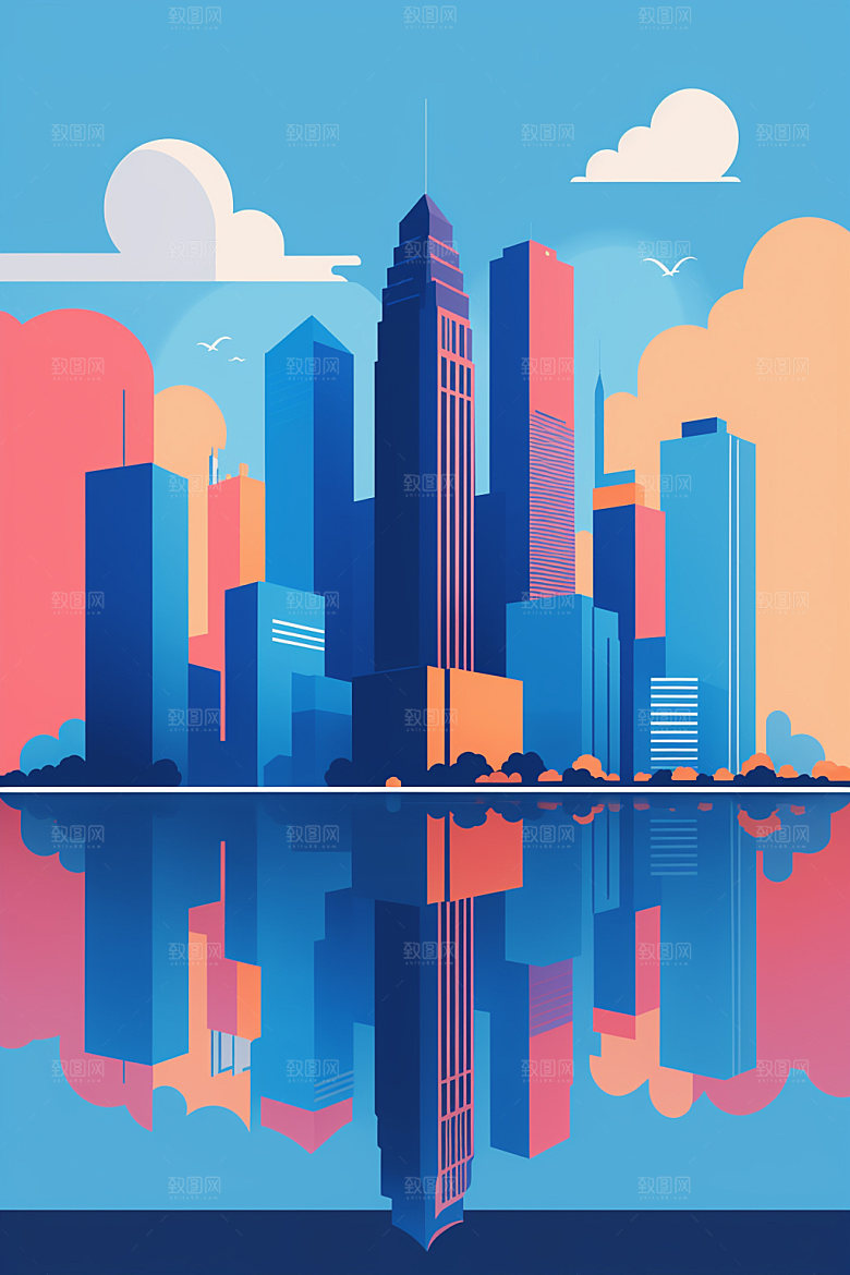 城市美式楼房插画