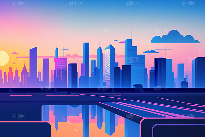 城市楼房美式插画