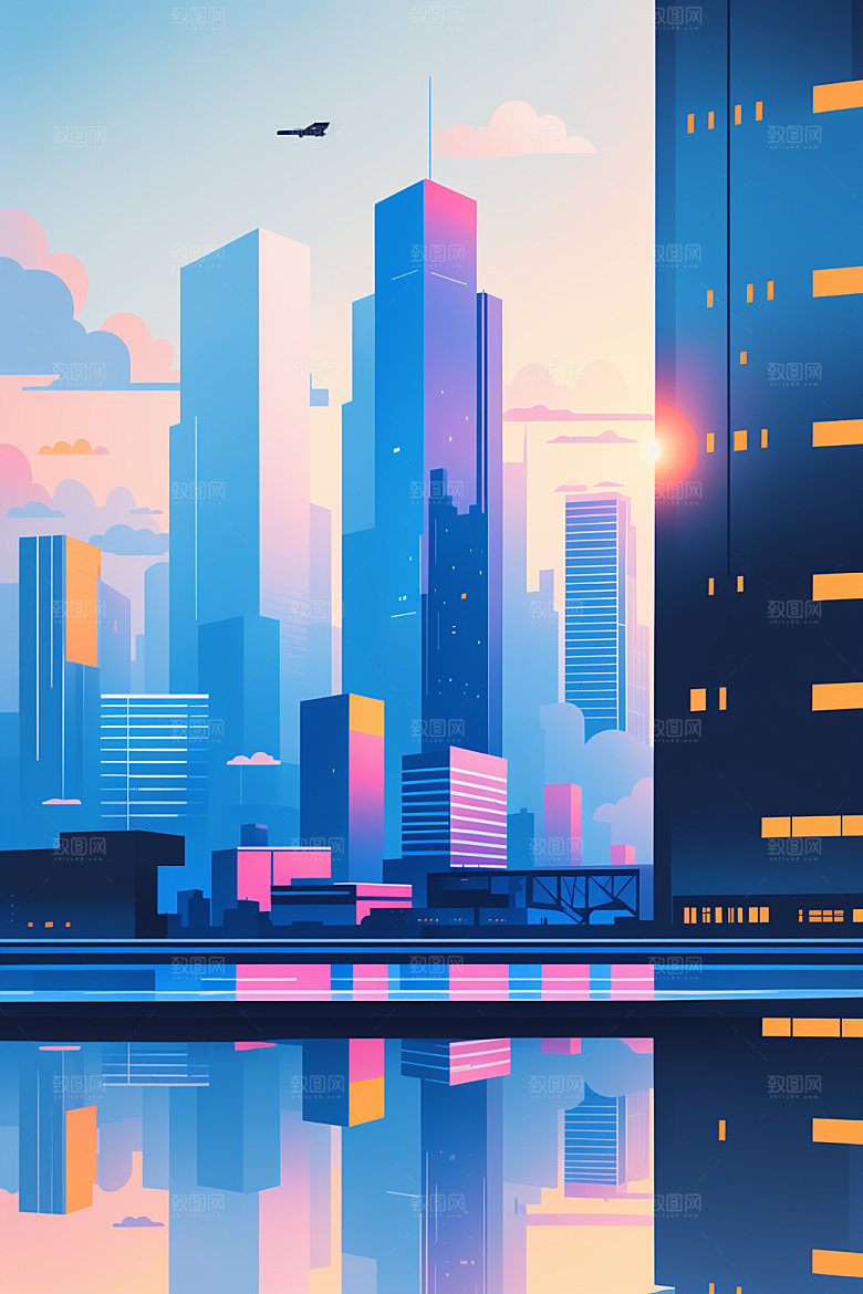 城市美式摩天大楼插画