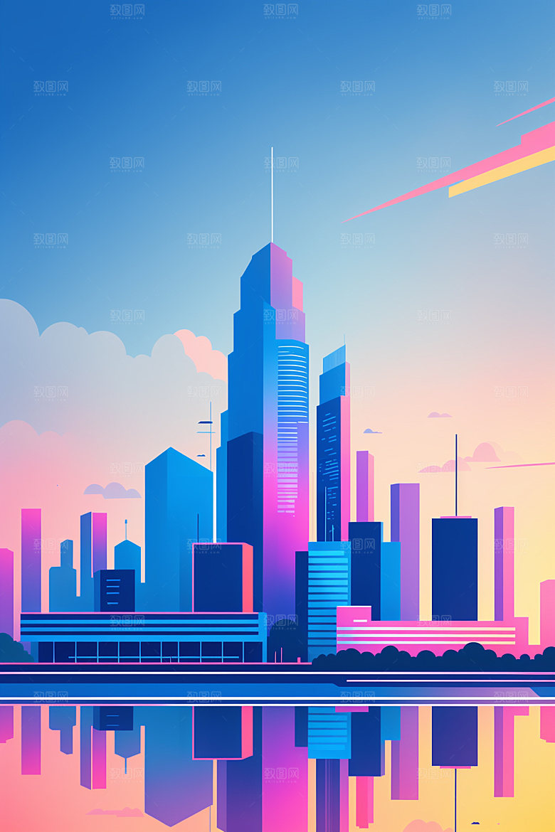 城市地标美式插画