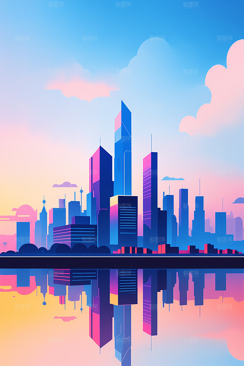 城市摩天大楼美式插画