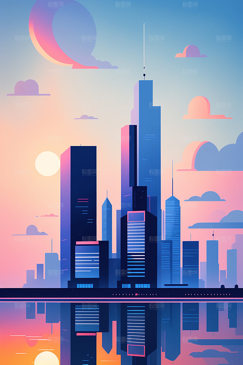 城市美式大厦插画