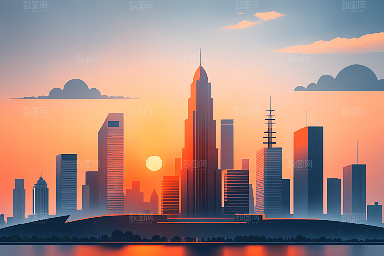城市美式摩天大楼插画