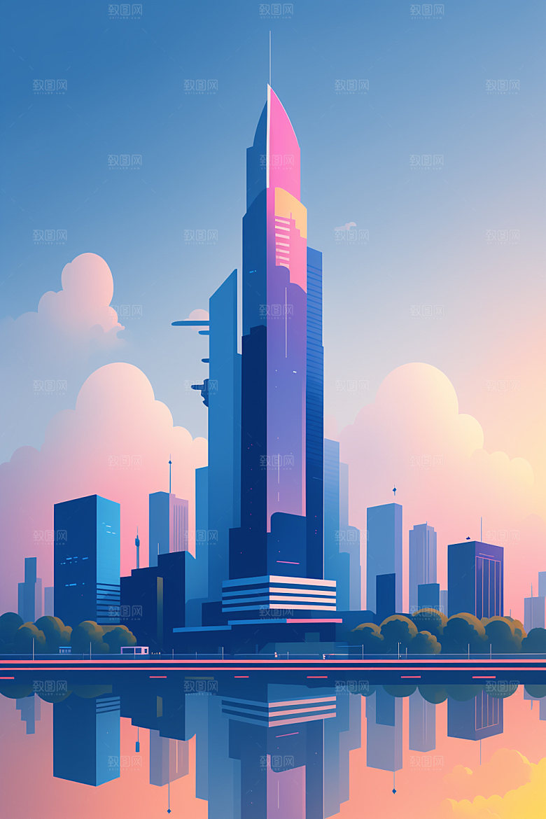城市美式摩天大楼插画